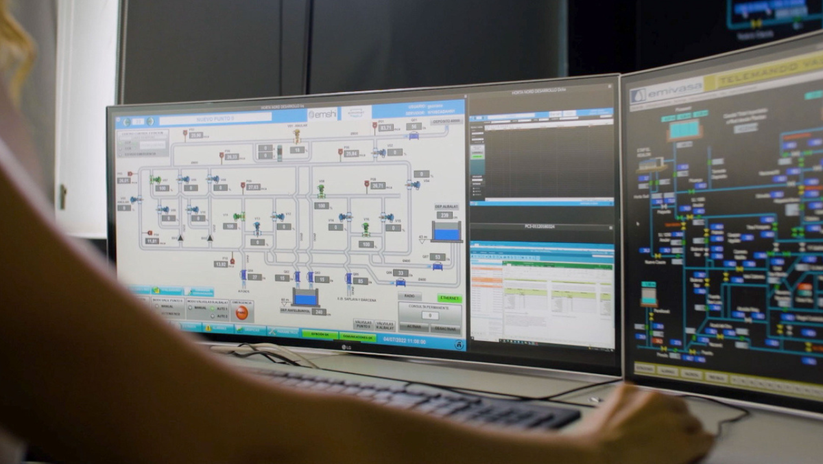 Control room screens displaying real-time water system data and AI analytics