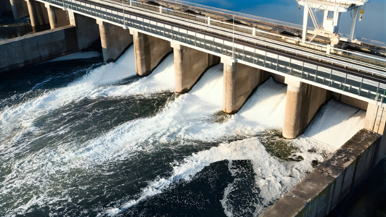 Water flowing through a concrete water control structure with multiple discharge gates