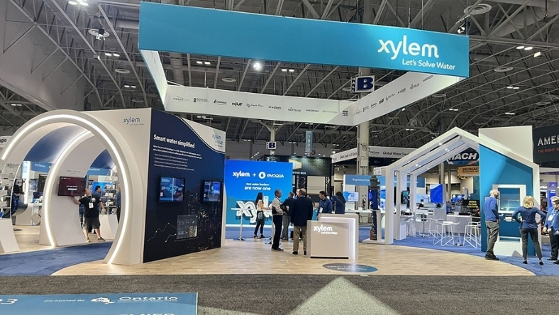 Water technology exhibition stand with interactive displays